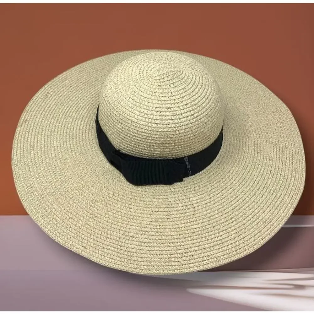 Debra Weitzner Sz M Wide Brim Sun Hat Natural Woven Straw Black Ribbon Band